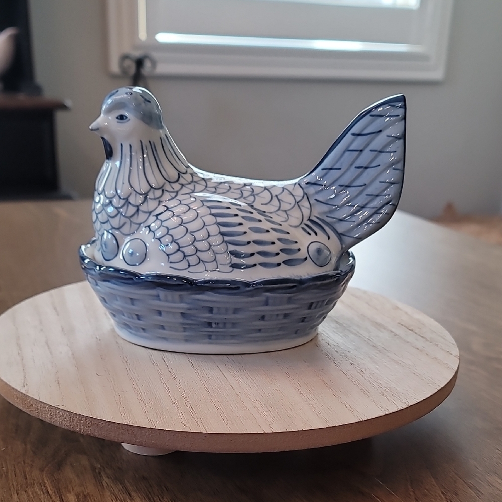 Vintage Blue and White Ceramic Hen on Nest